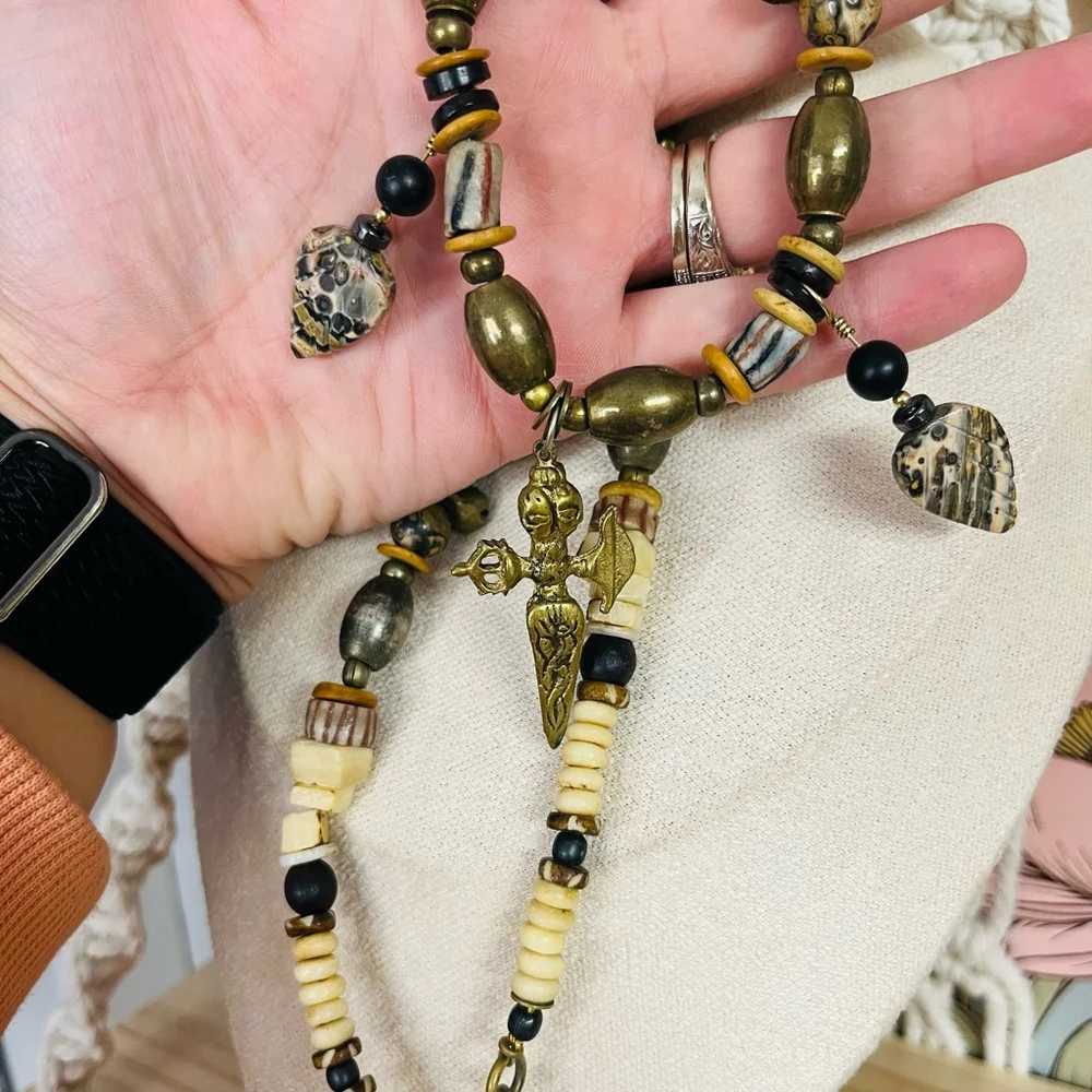 Boho Ethnic‎ Necklace Brown and Gold Toned Bone Beads Ceremonial India